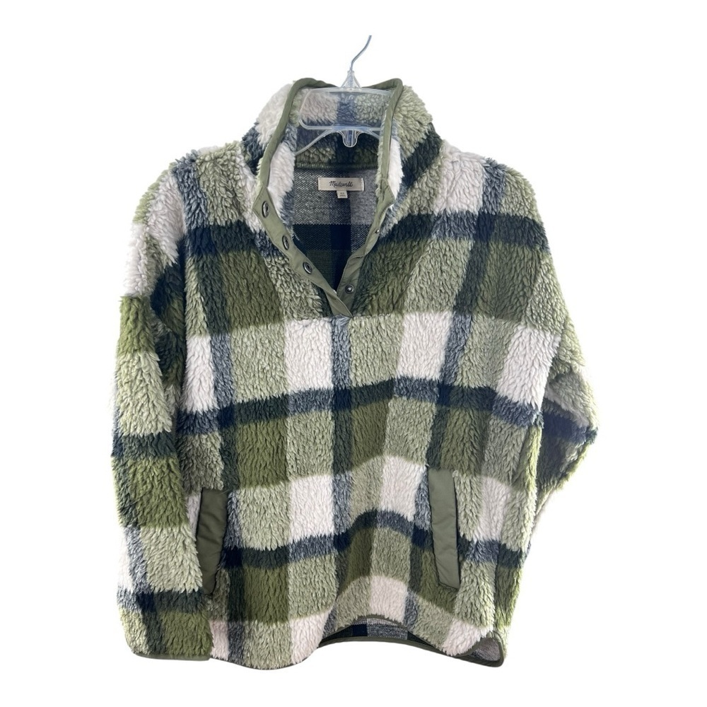 Madewell Wome’s Green, Black and White Plaid Sherpa Jacket Size XS Like New